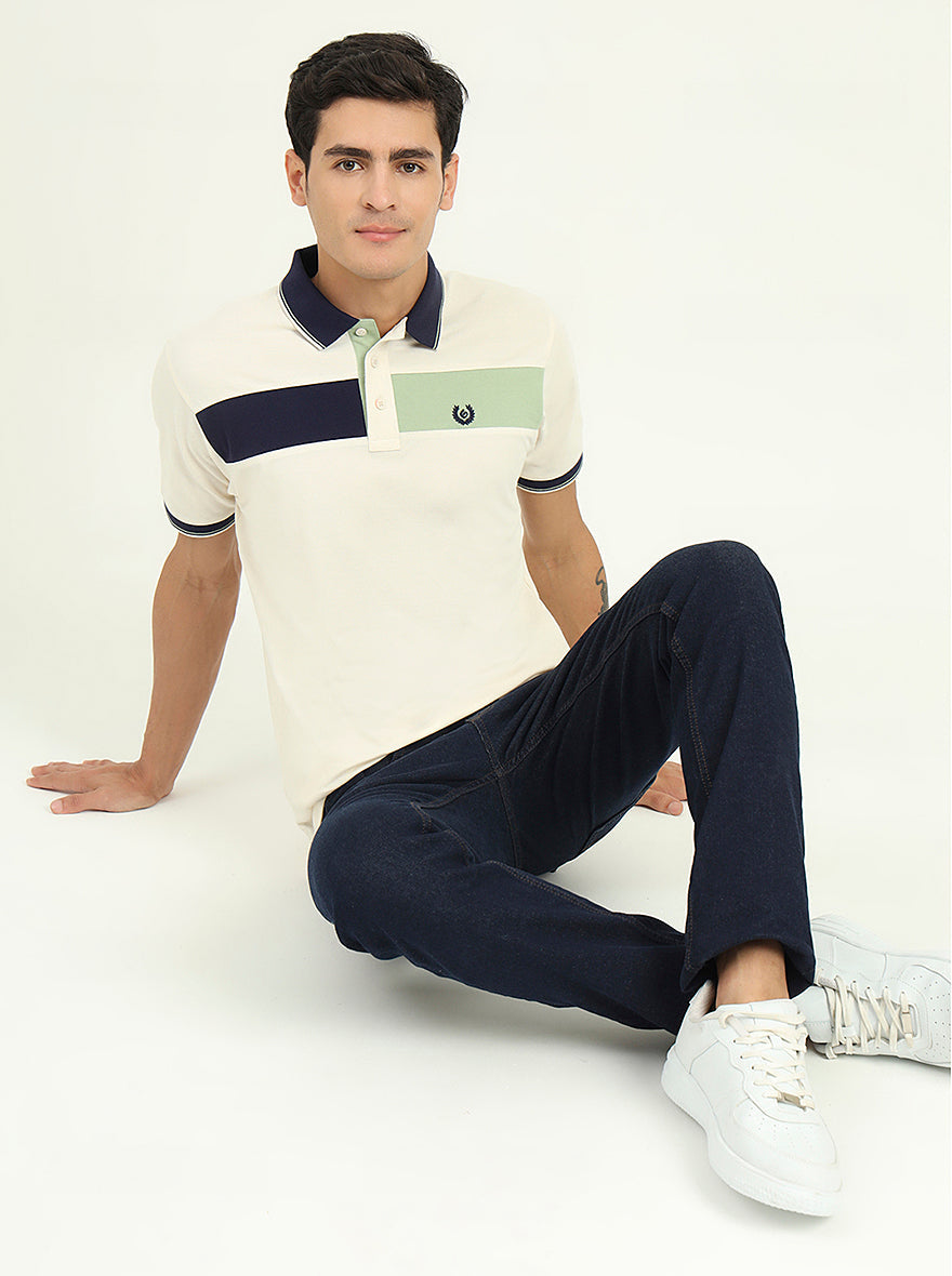 Off-White & Navy Blue Striped Slim Fit Polo T-Shirt | Greenfibre