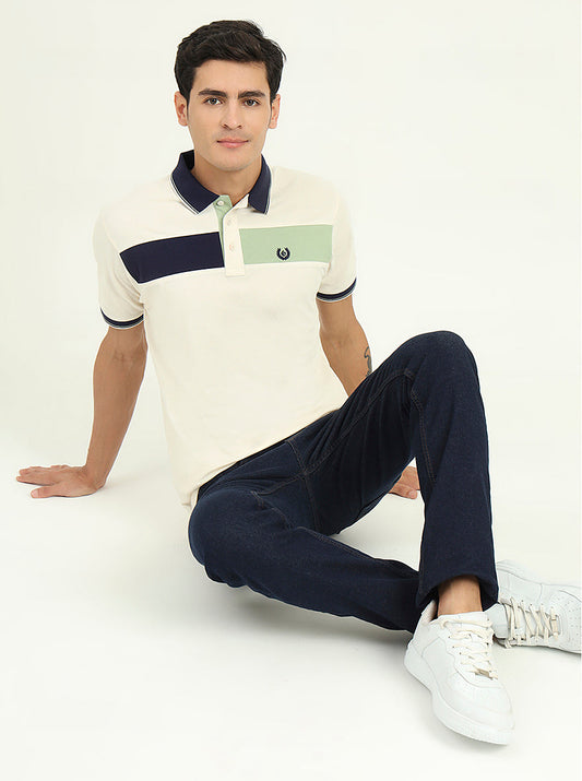 Off-White & Navy Blue Striped Slim Fit Polo T-Shirt | Greenfibre