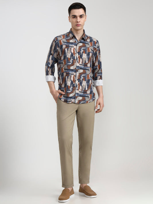 Dark Grey Printed Slim Fit Casual Shirt | Greenfibre