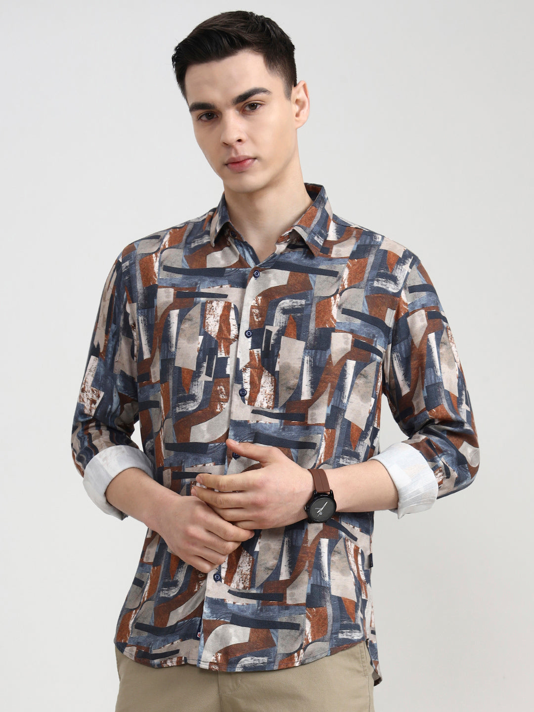 Dark Grey Printed Slim Fit Casual Shirt | Greenfibre