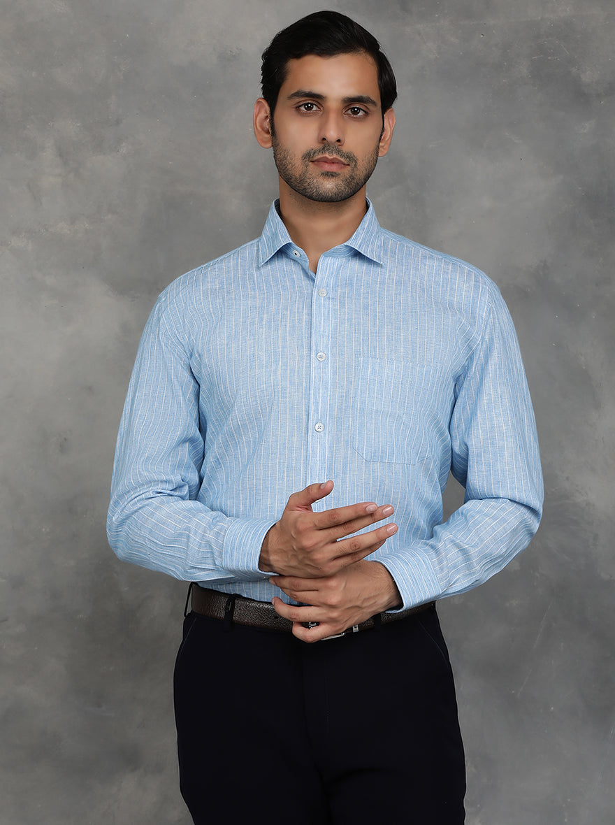 Blue Striped Regular Fit Formal Shirt | GreenFibre