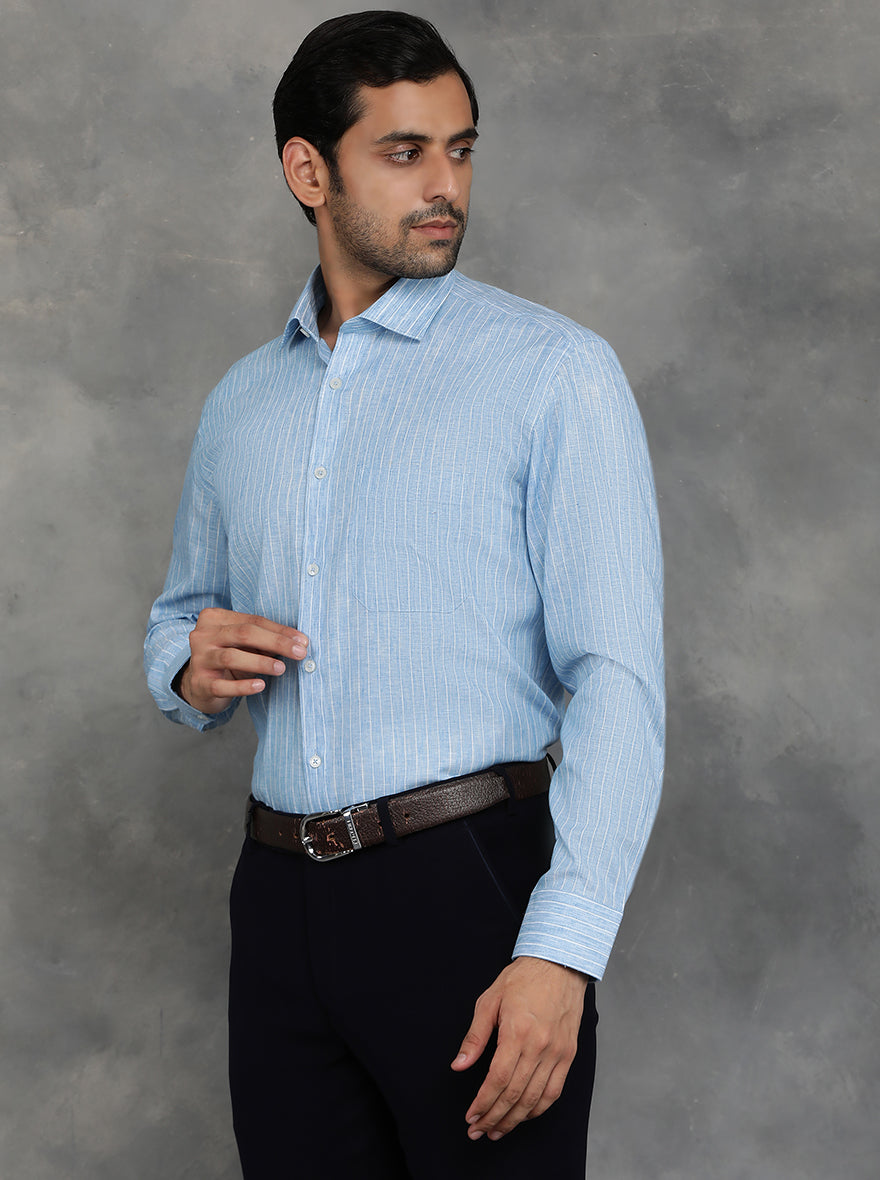 Blue Striped Regular Fit Formal Shirt | GreenFibre