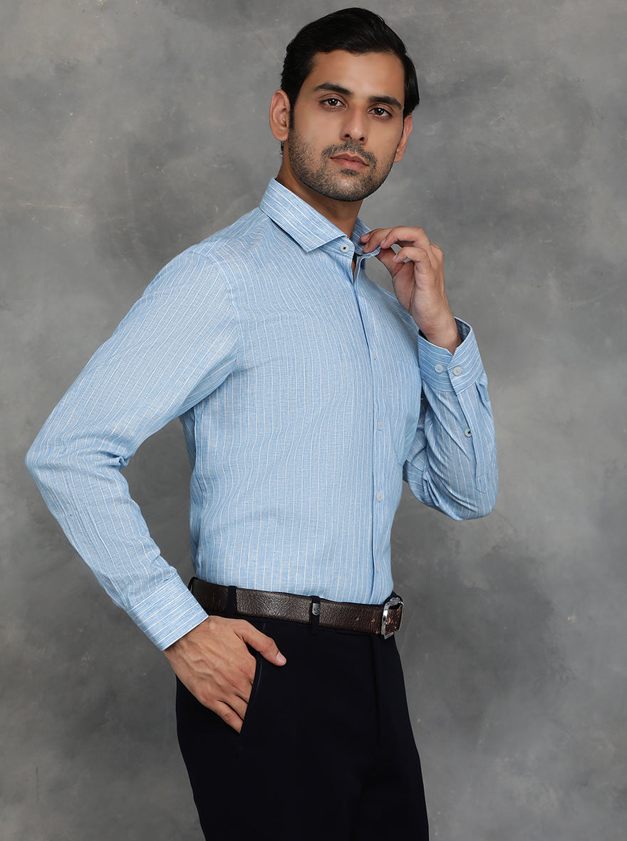 Blue Striped Regular Fit Formal Shirt | GreenFibre
