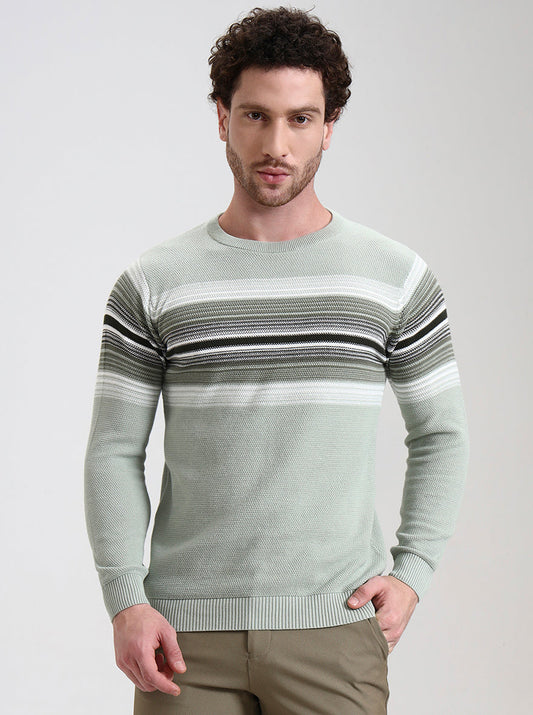 Mint Green Striped Slim Fit T-Shirt | Greenfibre