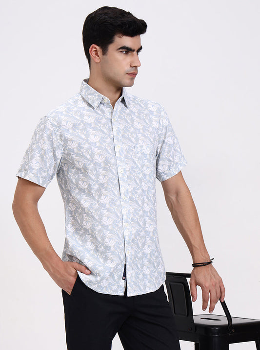 Blue Printed Slim Fit Casual Shirt | Greenfibre