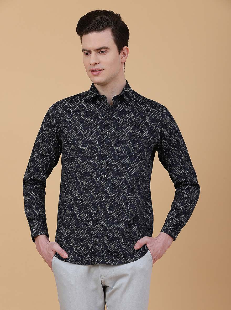 Navy Blue Printed Slim Fit Party Wear Shirt | Greenfibre