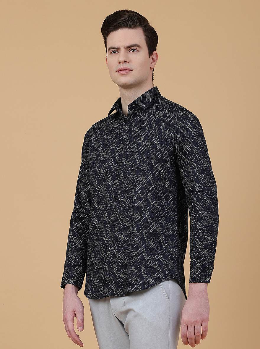 Navy Blue Printed Slim Fit Party Wear Shirt | Greenfibre