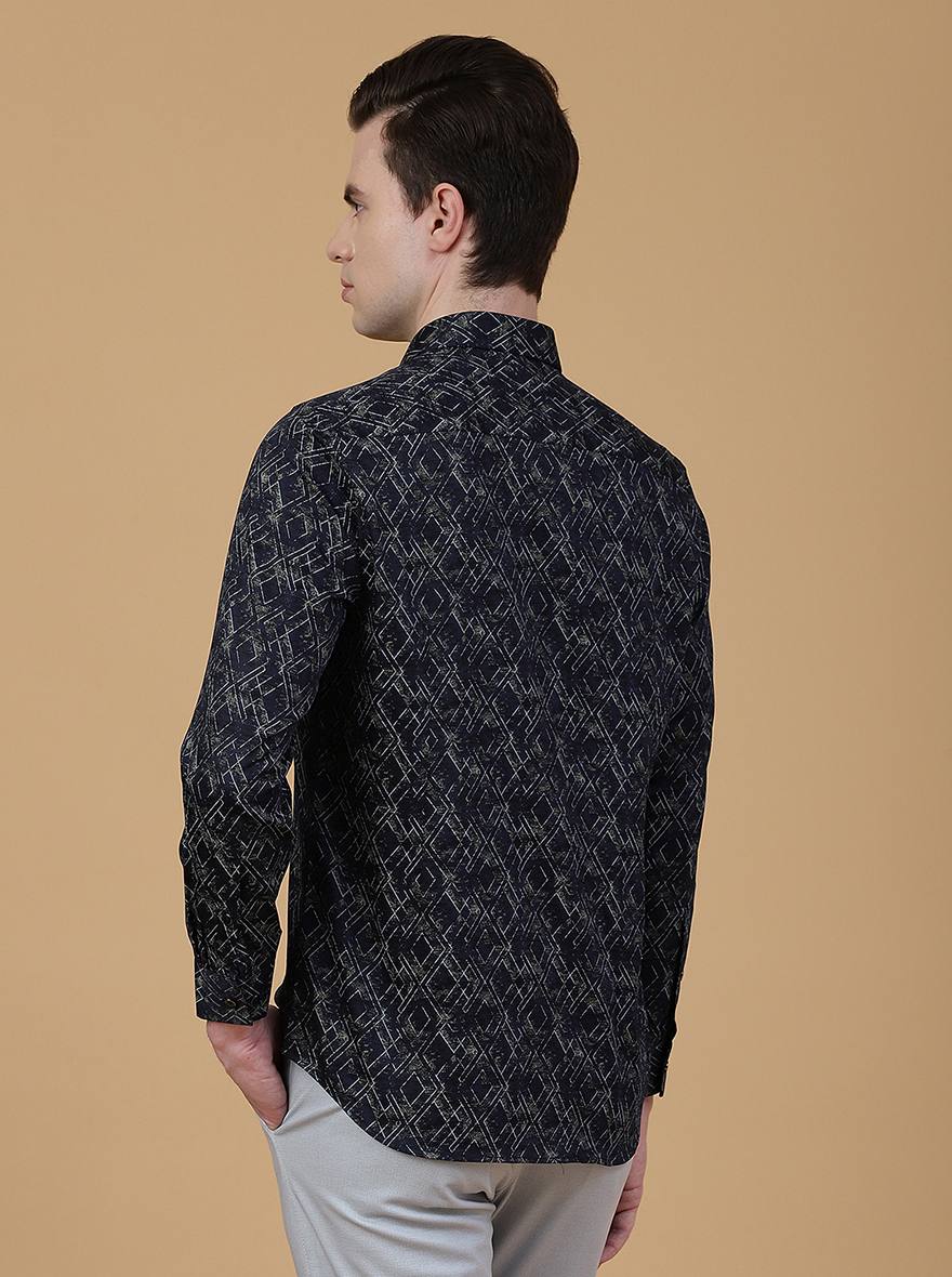 Navy Blue Printed Slim Fit Party Wear Shirt | Greenfibre