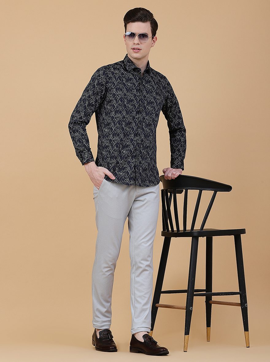 Navy Blue Printed Slim Fit Party Wear Shirt | Greenfibre