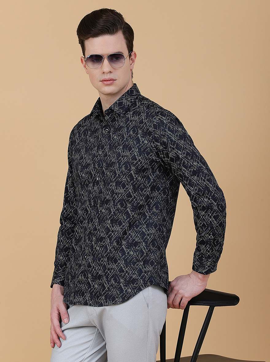 Navy Blue Printed Slim Fit Party Wear Shirt | Greenfibre