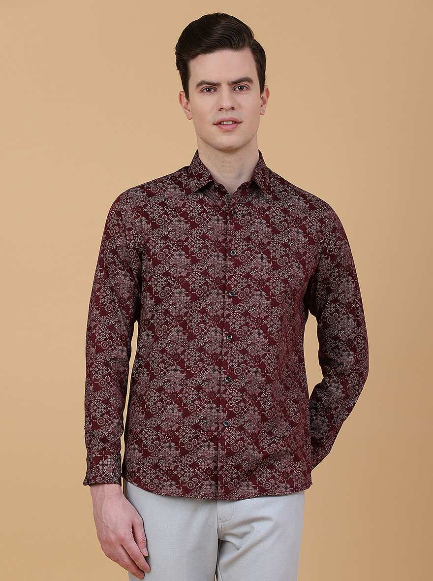 Maroon Printed Slim Fit Party Wear Shirt | Greenfibre