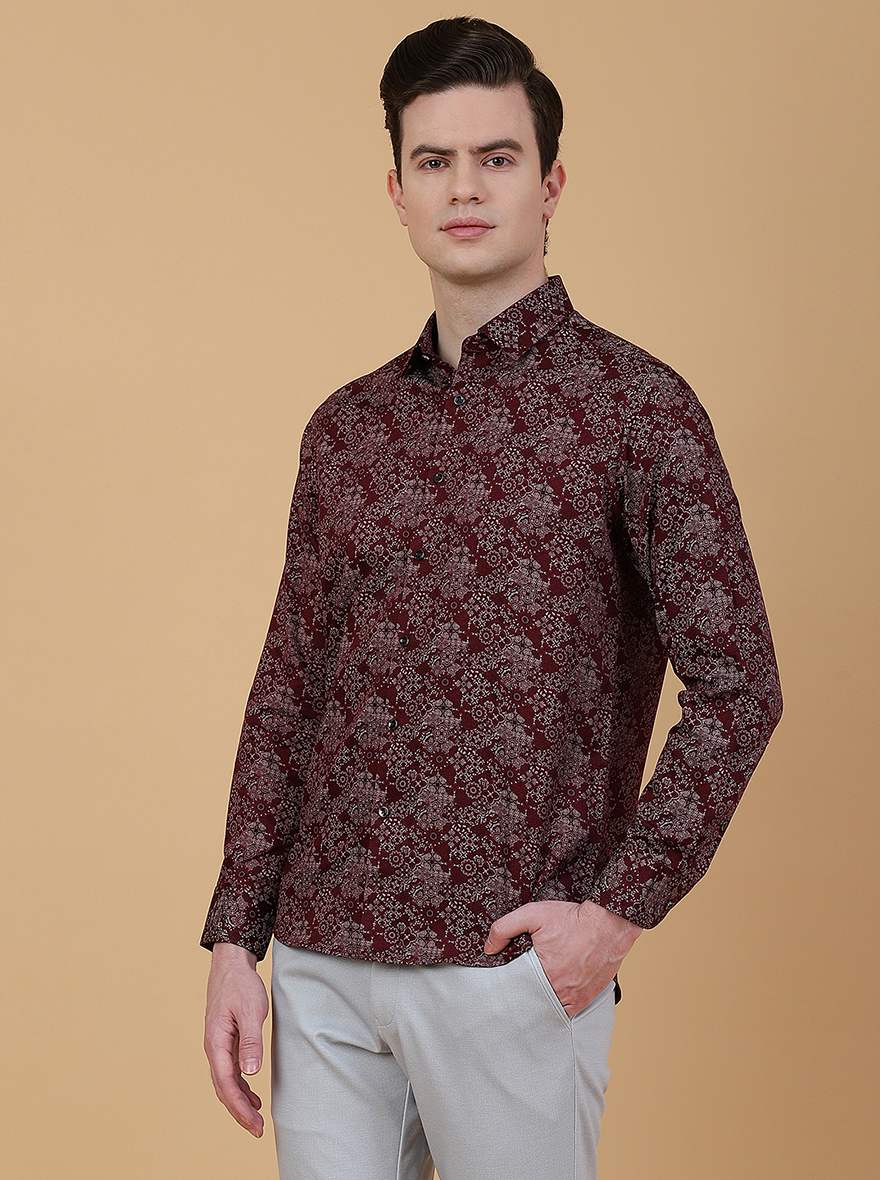 Maroon Printed Slim Fit Party Wear Shirt | Greenfibre