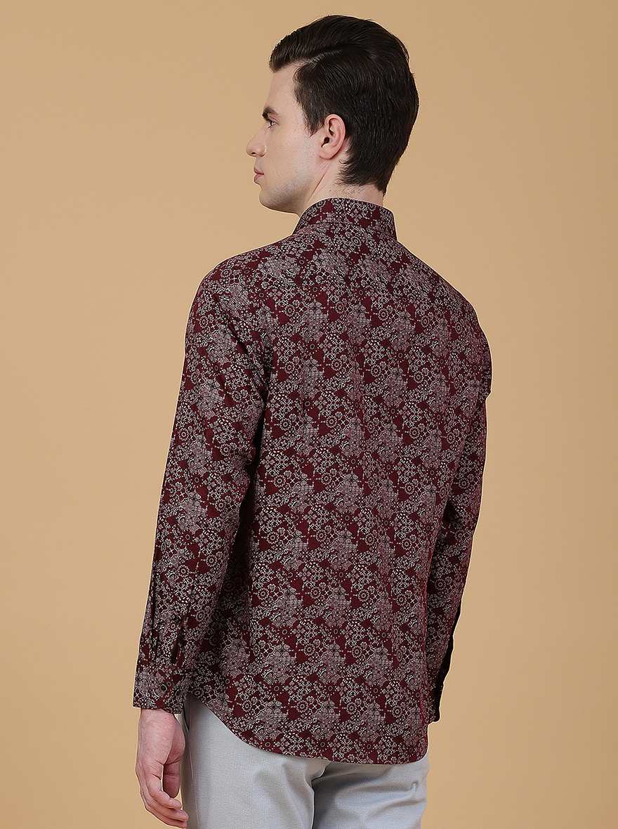 Maroon Printed Slim Fit Party Wear Shirt | Greenfibre