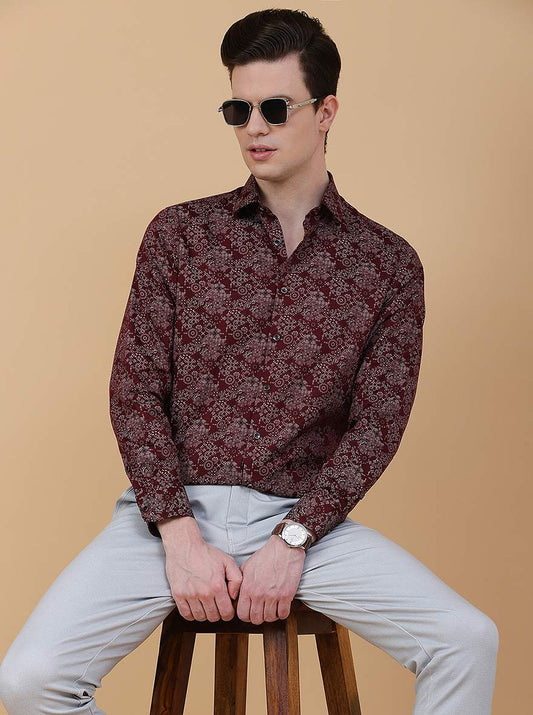 Maroon Printed Slim Fit Party Wear Shirt | Greenfibre