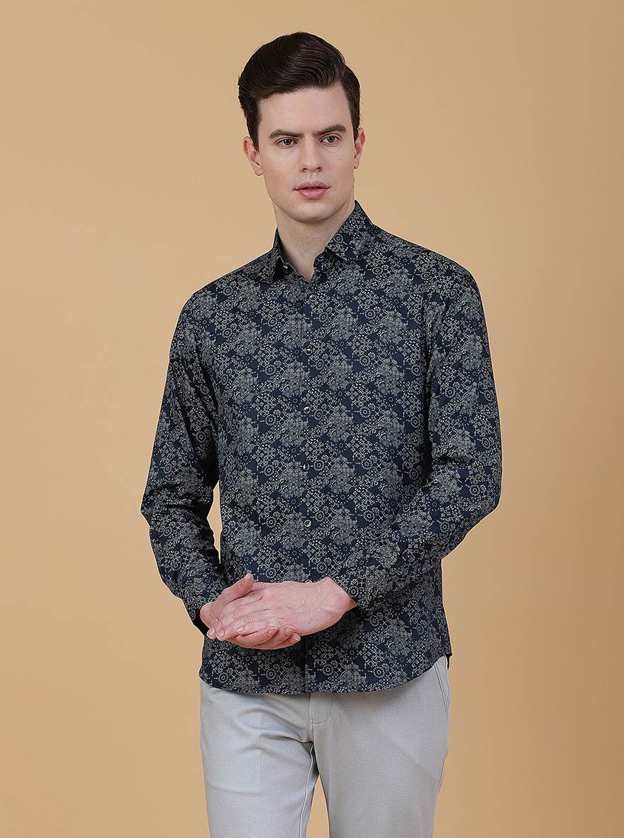 Navy Blue Printed Slim Fit Party Wear Shirt | Greenfibre