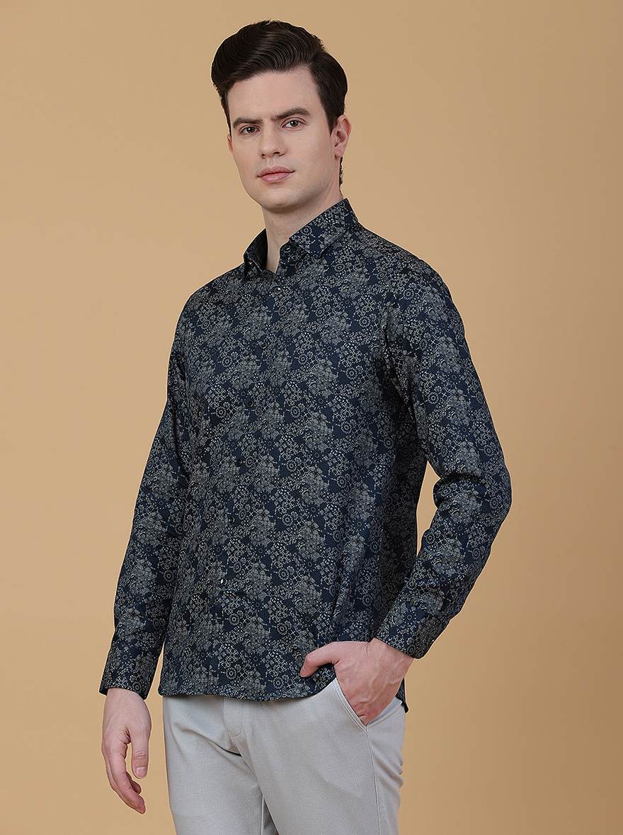 Navy Blue Printed Slim Fit Party Wear Shirt | Greenfibre