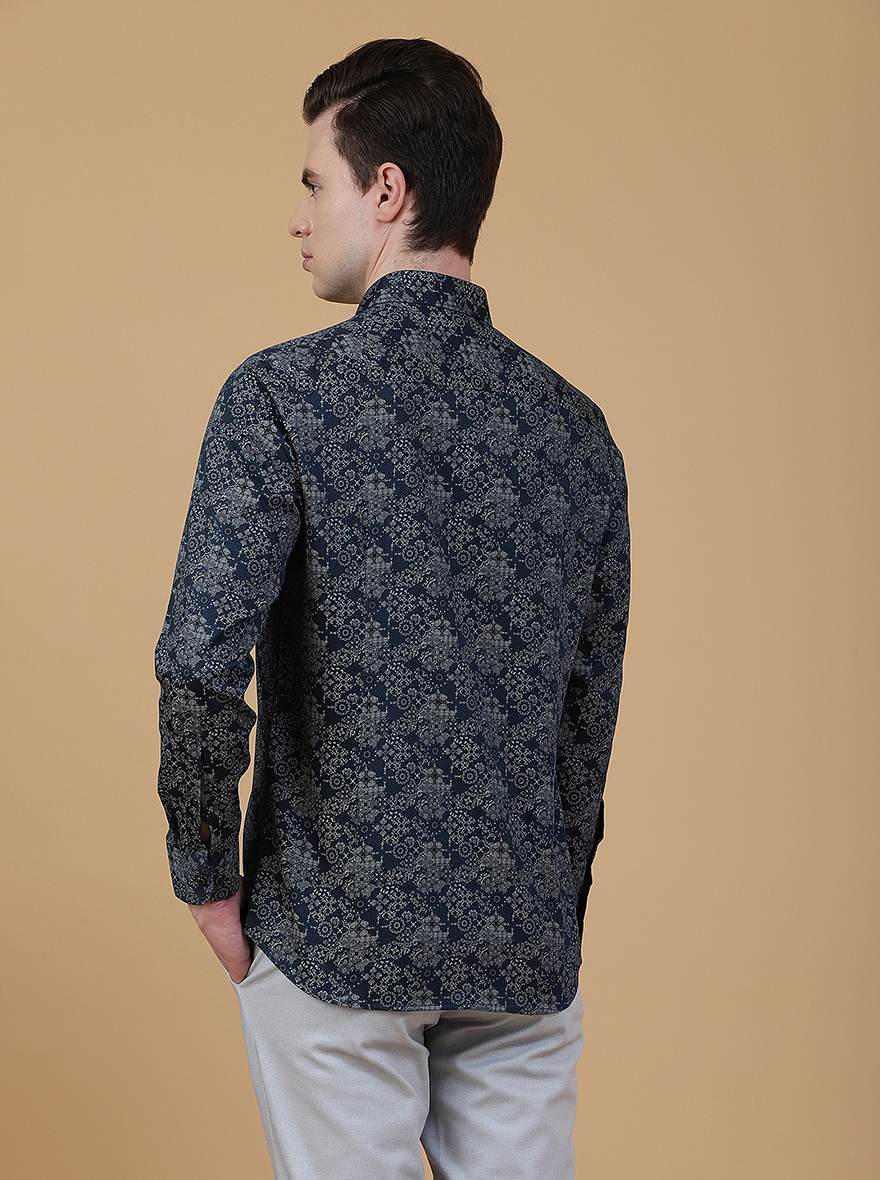 Navy Blue Printed Slim Fit Party Wear Shirt | Greenfibre