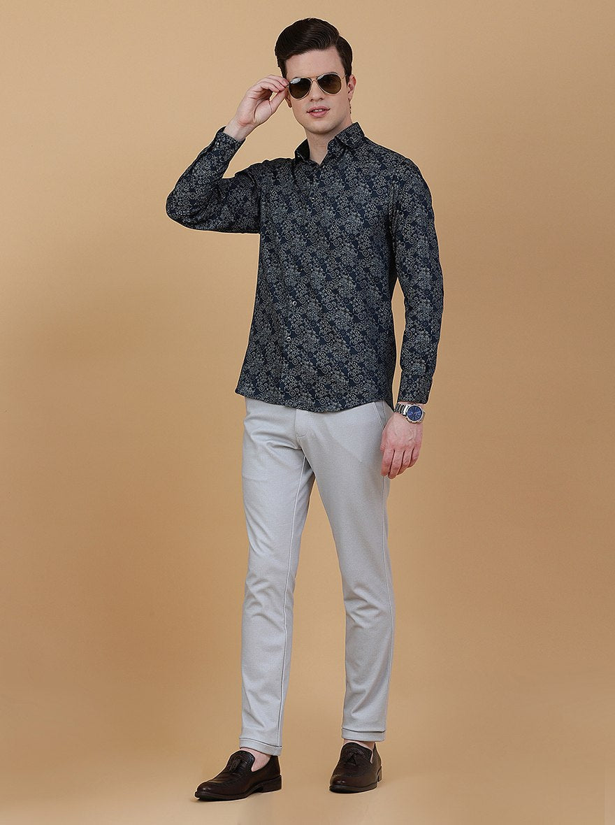 Navy Blue Printed Slim Fit Party Wear Shirt | Greenfibre