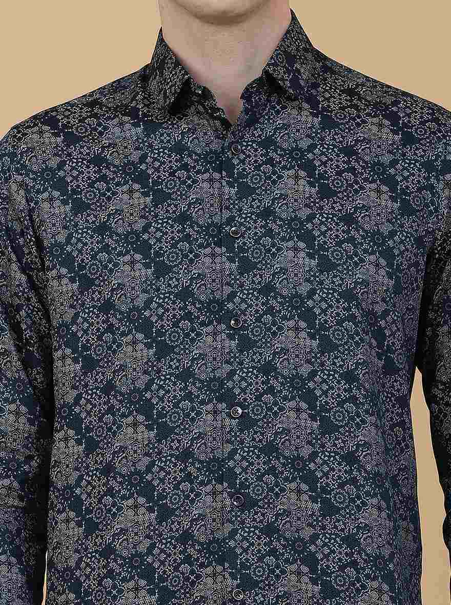 Navy Blue Printed Slim Fit Party Wear Shirt | Greenfibre