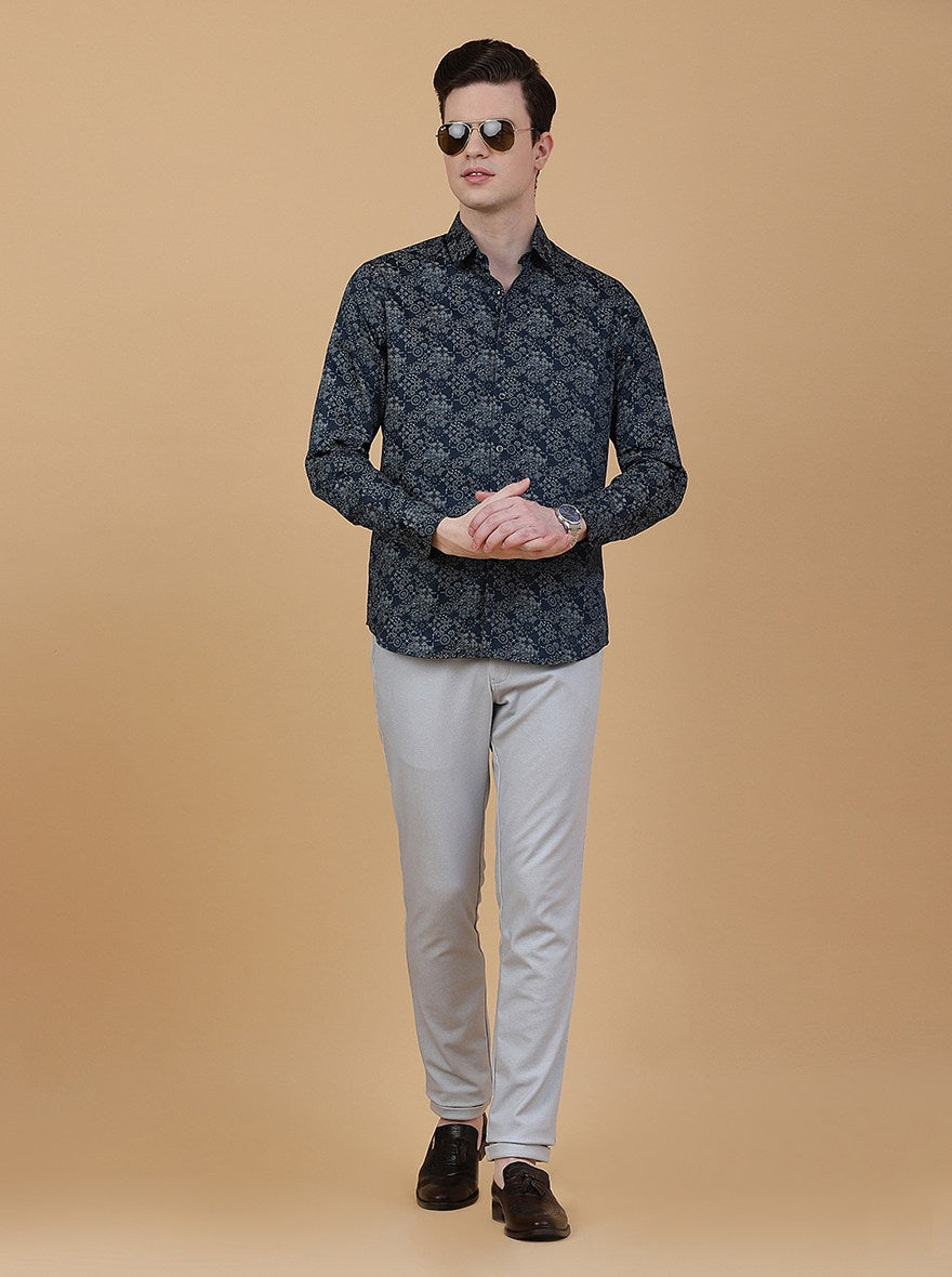 Navy Blue Printed Slim Fit Party Wear Shirt | Greenfibre