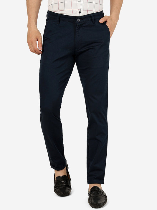 Navy Blue Solid Neo Fit Casual Trouser | Greenfibre