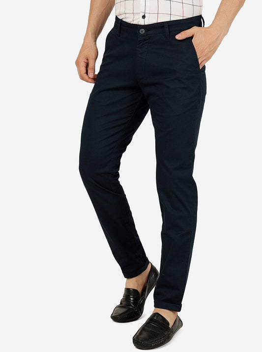 Navy Blue Solid Neo Fit Casual Trouser | Greenfibre