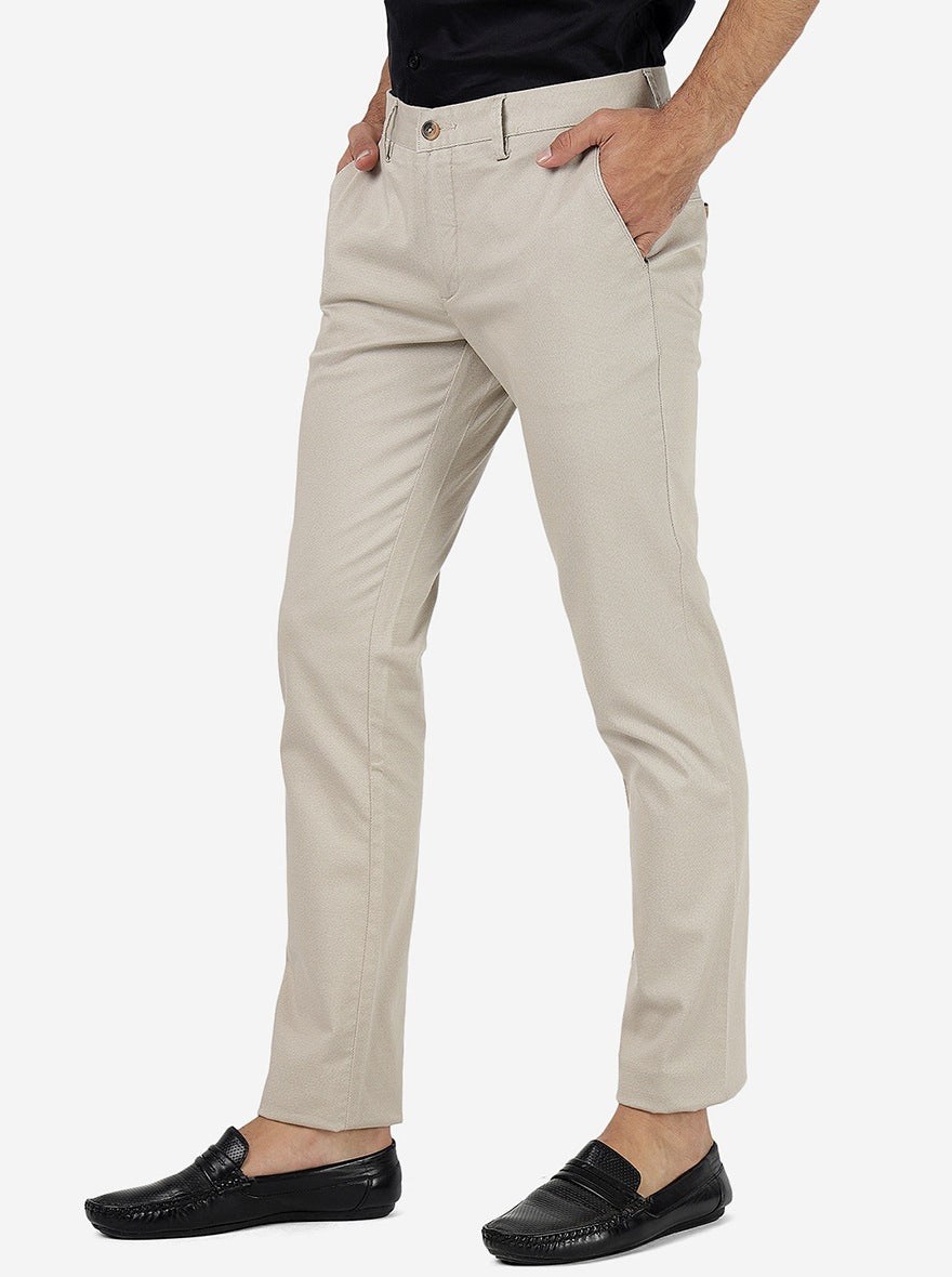 Cream Solid Super Slim Fit Casual Trouser | Greenfibre