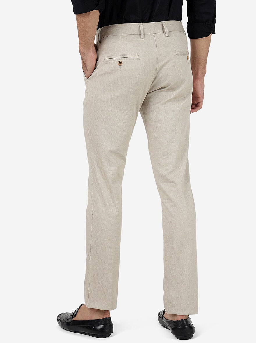 Cream Solid Super Slim Fit Casual Trouser | Greenfibre