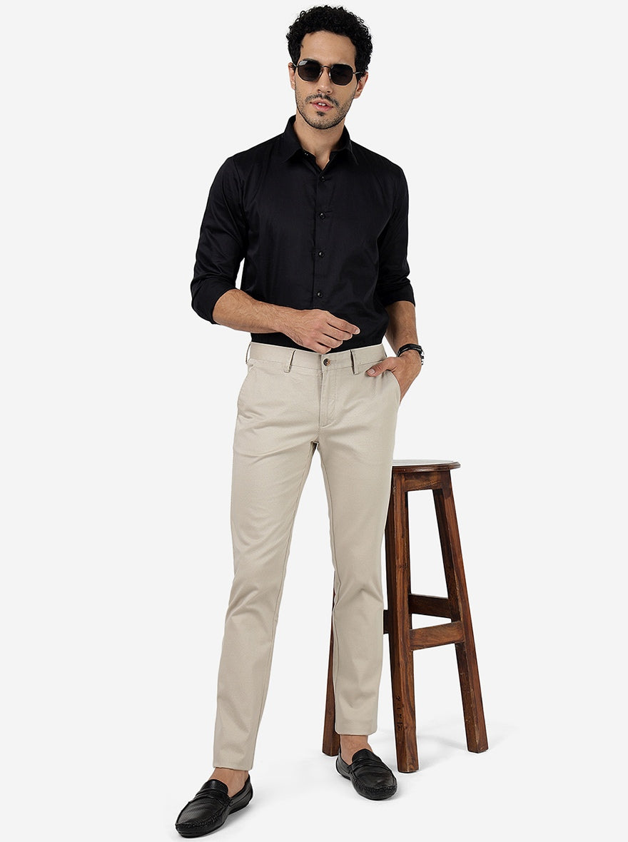 Cream Solid Super Slim Fit Casual Trouser | Greenfibre