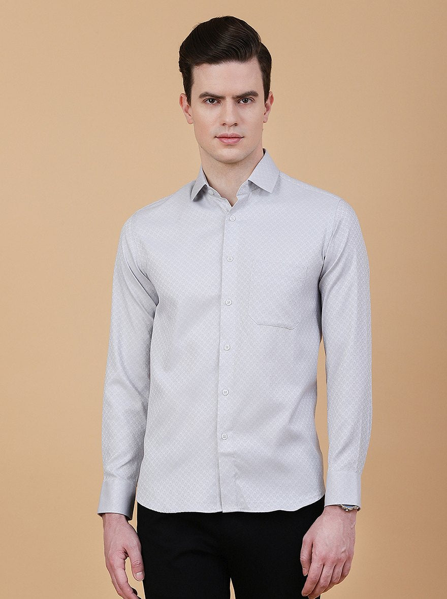 Light Grey Printed Slim Fit Party Wear Shirt | Greenfibre