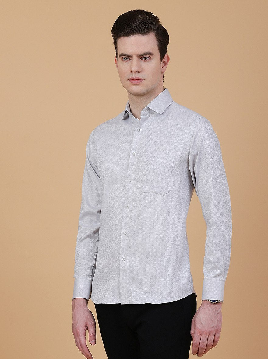 Light Grey Printed Slim Fit Party Wear Shirt | Greenfibre