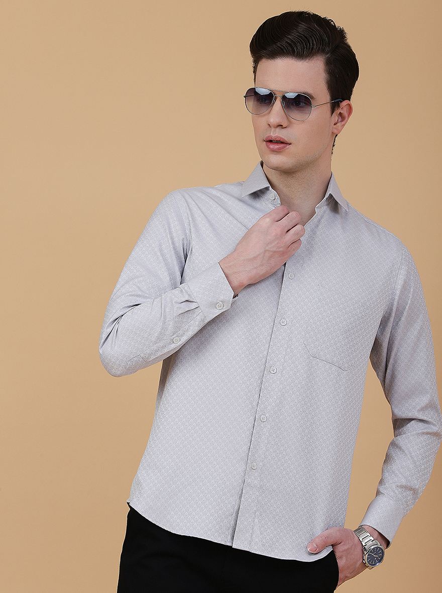 Light Grey Printed Slim Fit Party Wear Shirt | Greenfibre