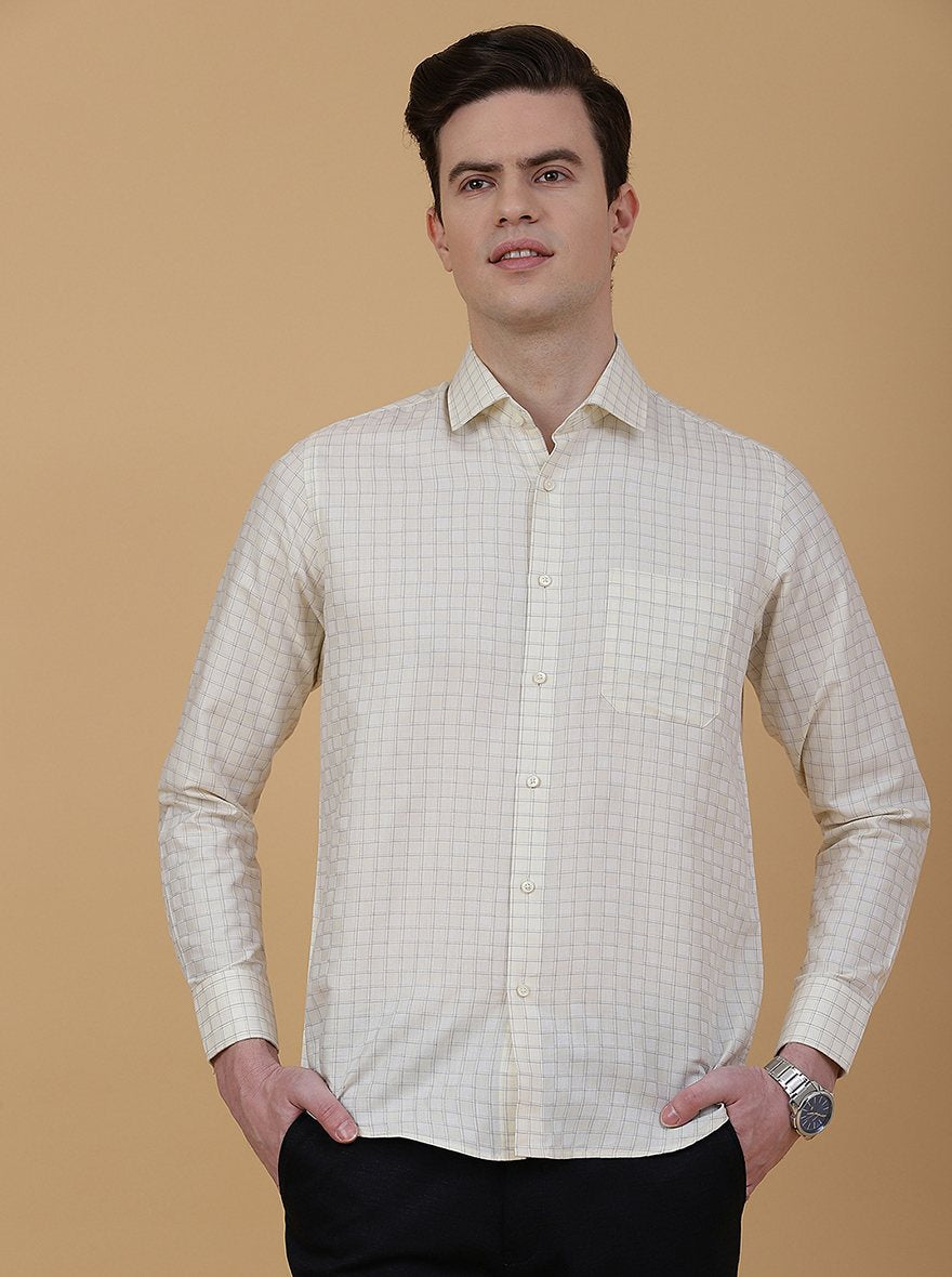 Light Yellow Checked Slim Fit Formal Shirt | Greenfibre
