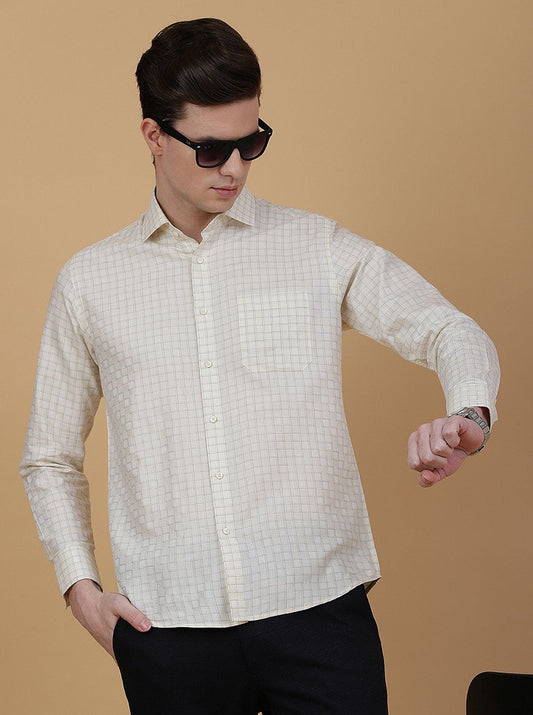 Light Yellow Checked Slim Fit Formal Shirt | Greenfibre