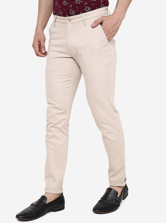 Cream Solid Neo Fit Casual Trouser | Greenfibre
