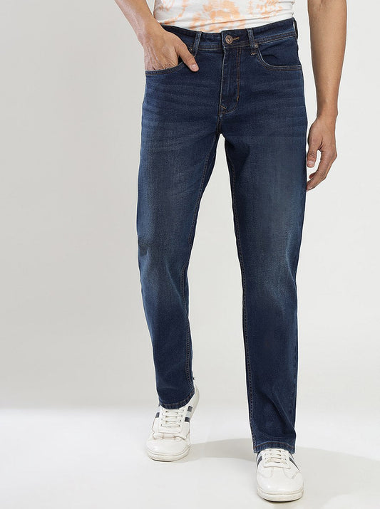 Navy Blue Washed Straight Fit Jeans | Greenfibre
