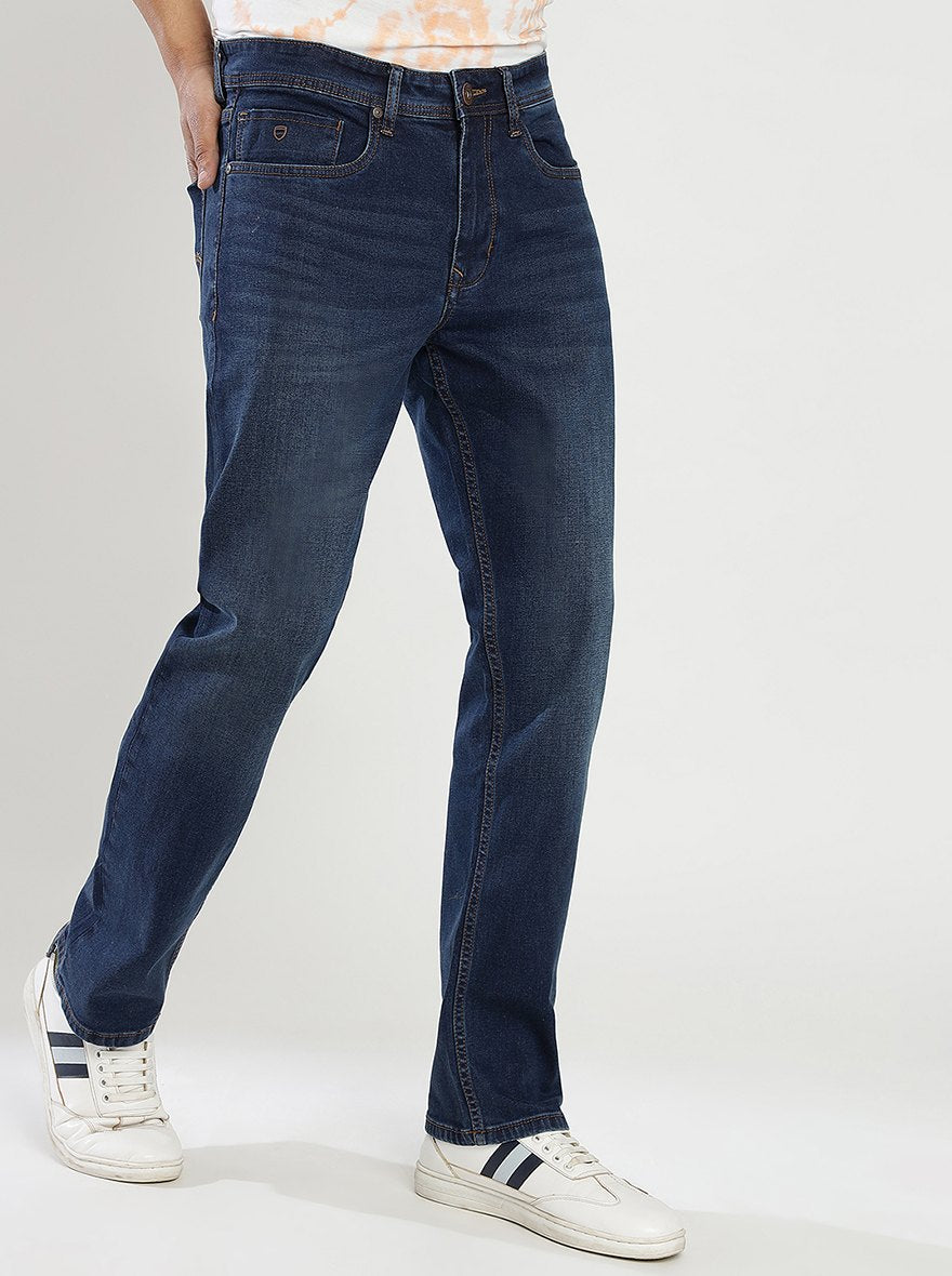 Navy Blue Washed Straight Fit Jeans | Greenfibre