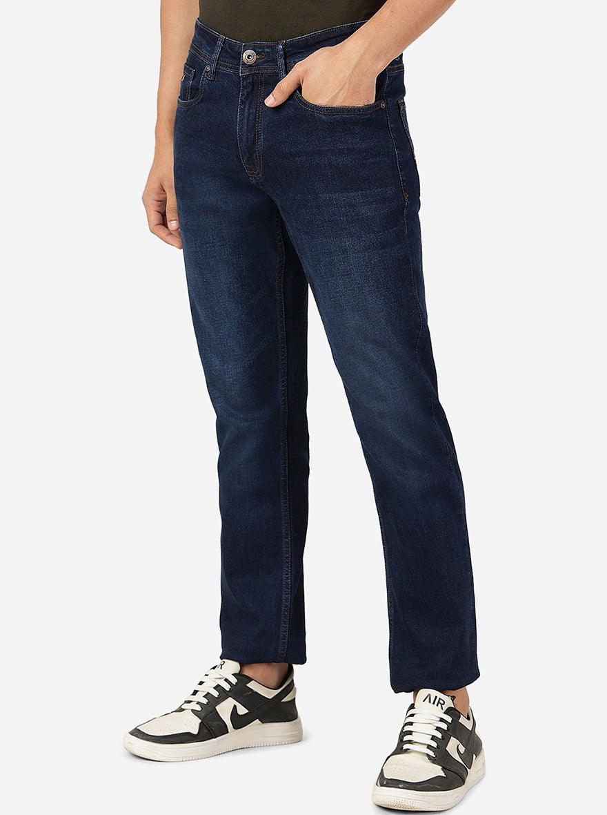 Navy Blue Washed Straight Fit Jeans | Greenfibre