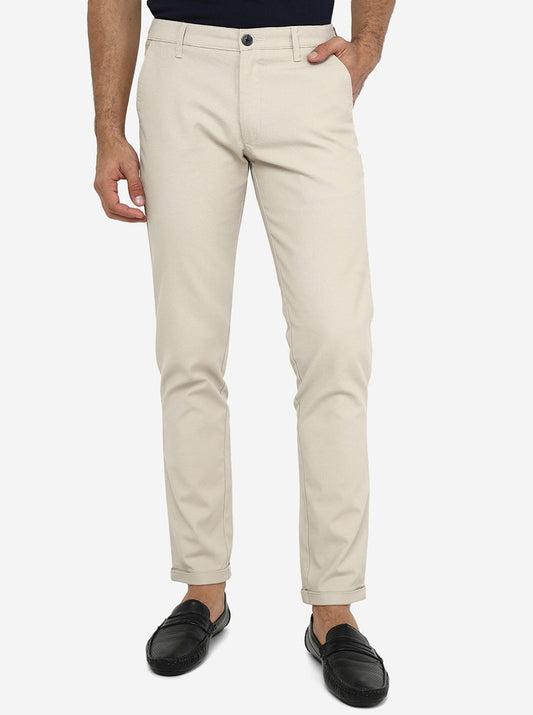 Cream Solid Neo Fit Casual Trouser | Greenfibre