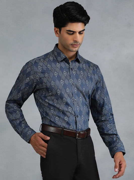 Blue Printed Slim Fit Party Wear Shirt | Greenfibre