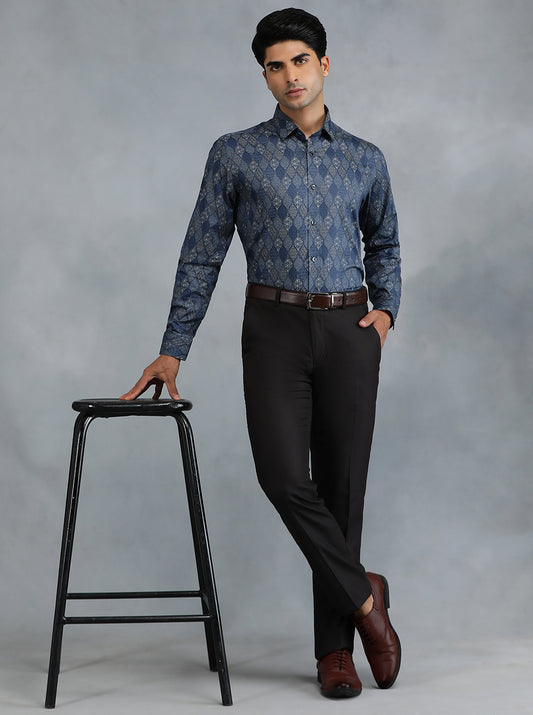 Blue Printed Slim Fit Party Wear Shirt | Greenfibre