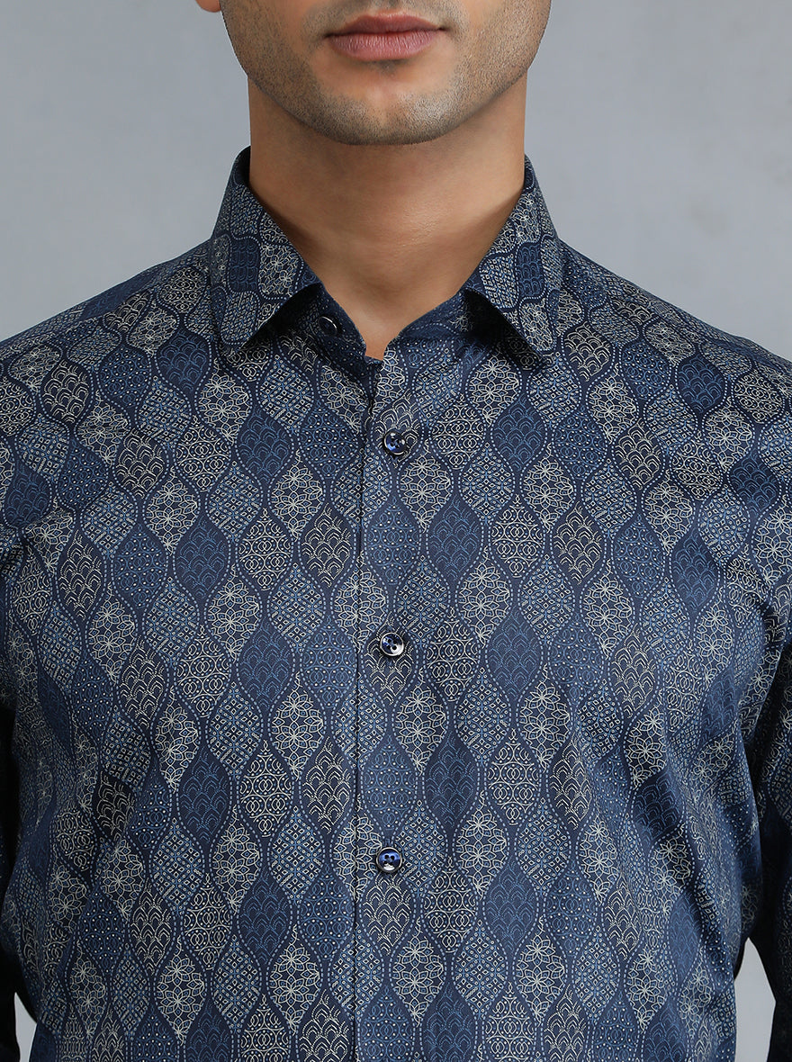Blue Printed Slim Fit Party Wear Shirt | Greenfibre