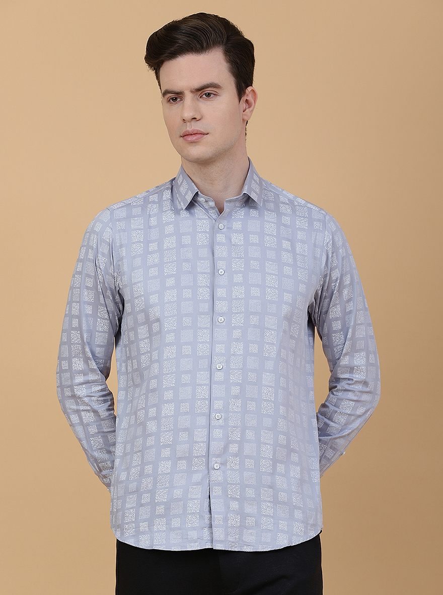Light Blue Printed Slim Fit Party Wear Shirt | Greenfibre