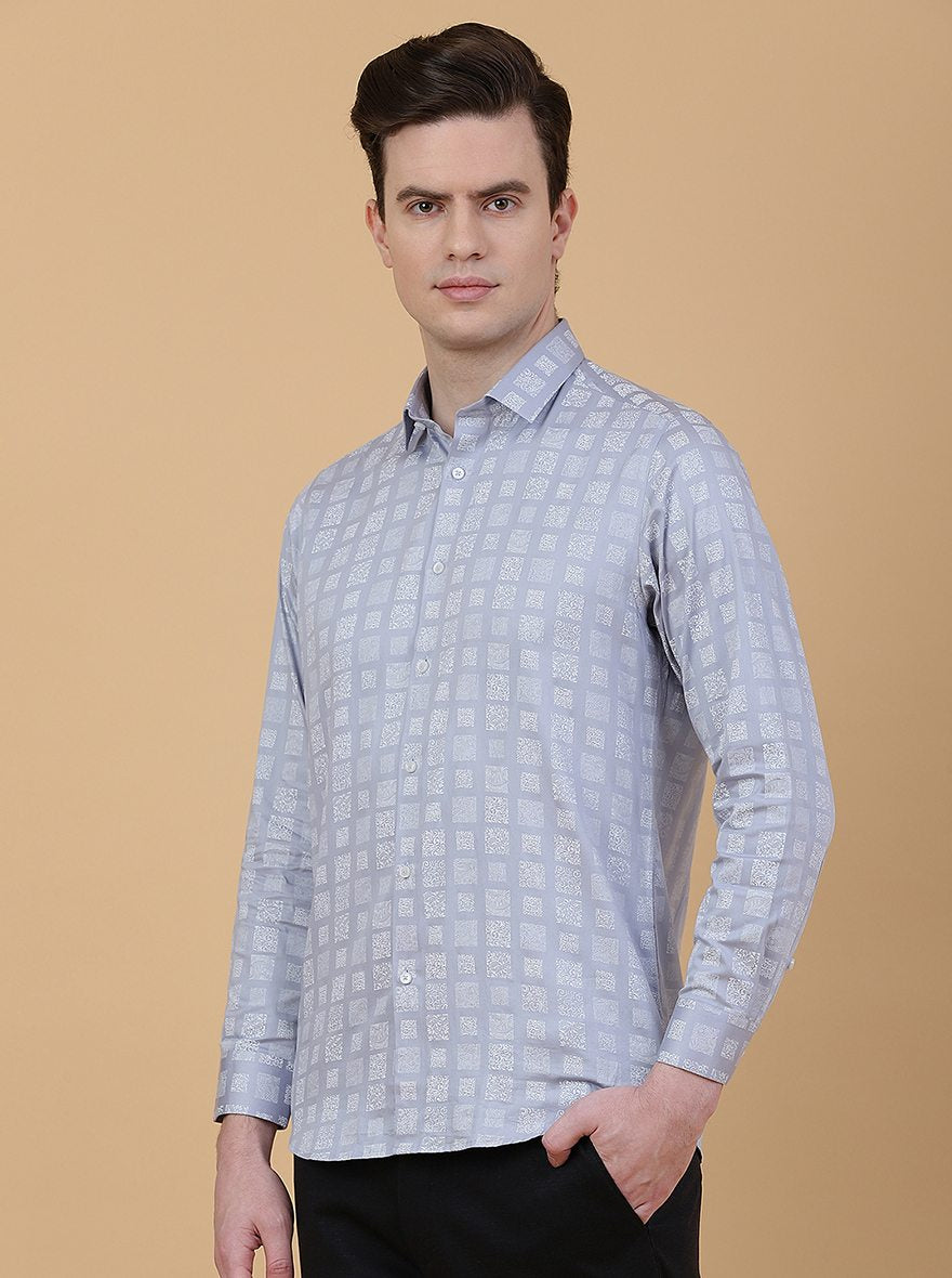 Light Blue Printed Slim Fit Party Wear Shirt | Greenfibre
