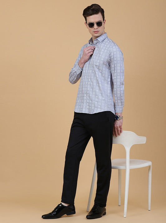Light Blue Printed Slim Fit Party Wear Shirt | Greenfibre