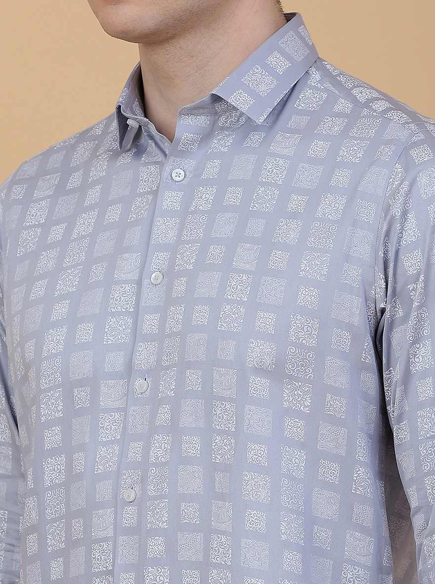 Light Blue Printed Slim Fit Party Wear Shirt | Greenfibre