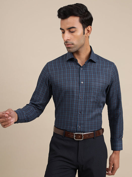 Navy Blue Checked Slim Fit Formal Shirt | Greenfibre