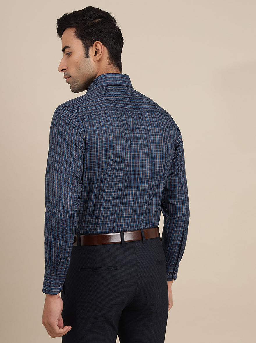 Navy Blue Checked Slim Fit Formal Shirt | Greenfibre
