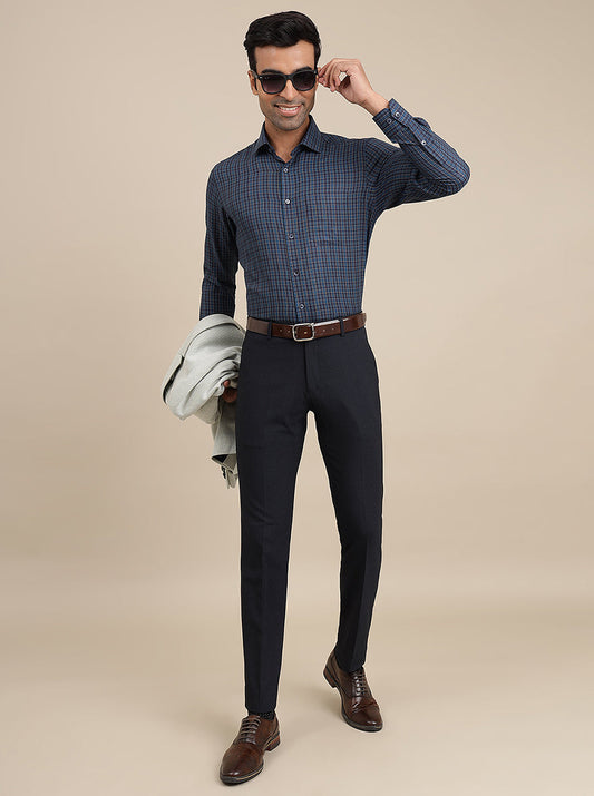 Navy Blue Checked Slim Fit Formal Shirt | Greenfibre