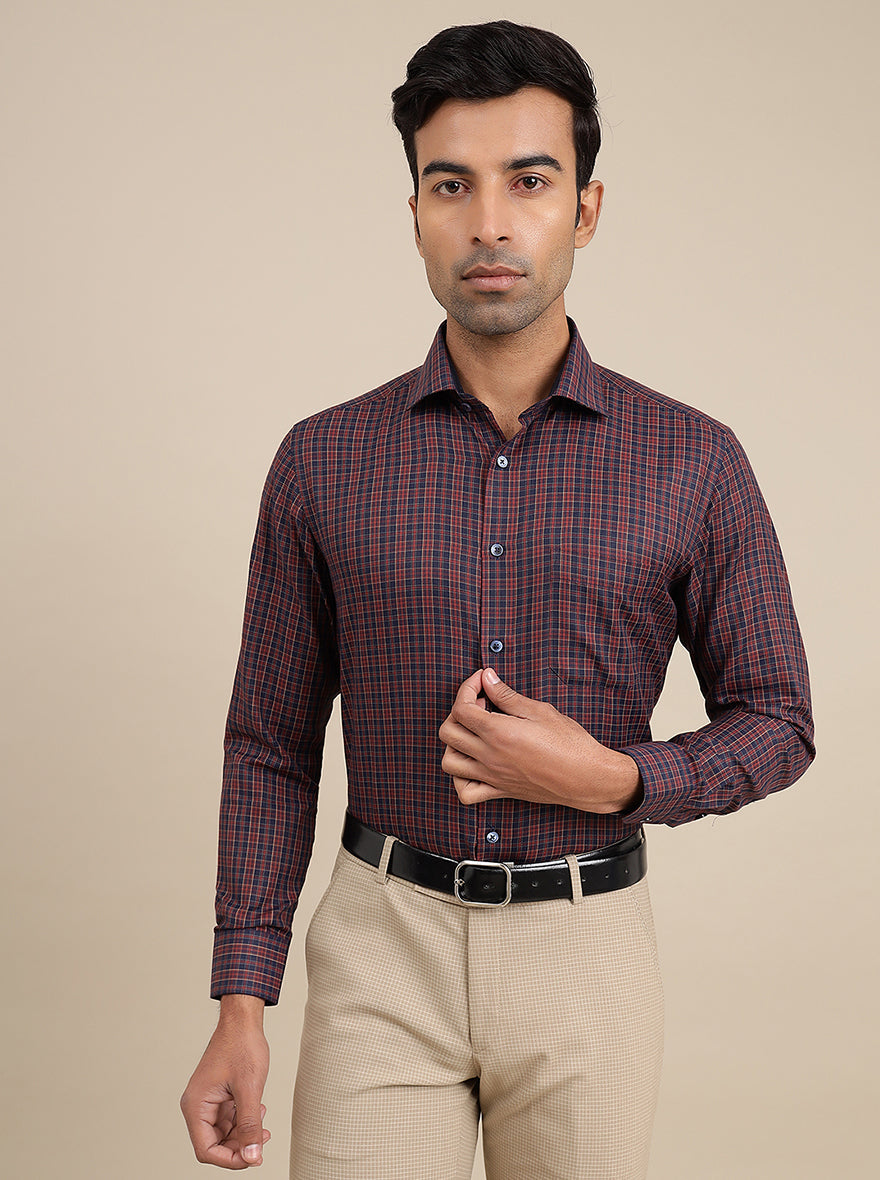 Maroon Checked Slim Fit Formal Shirt | Greenfibre